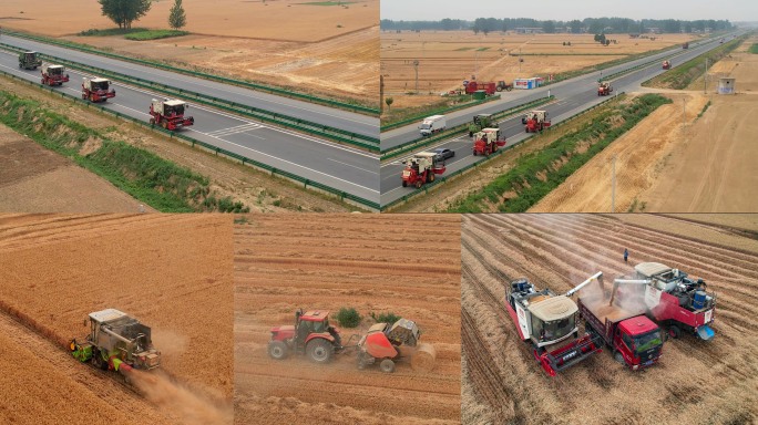 河南麦收航拍 收割机农业收割打杆机麦秆