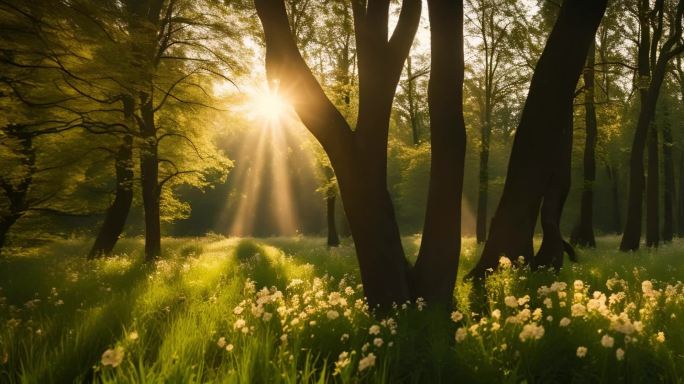 清晨的阳光  茂密树林   一缕阳光