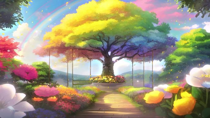 4K唯美梦幻卡通油画手绘花园大树公园背景