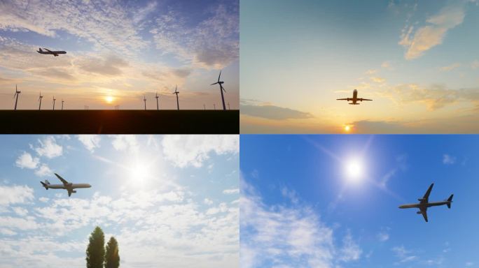 夕阳下天空飞过的民航飞机