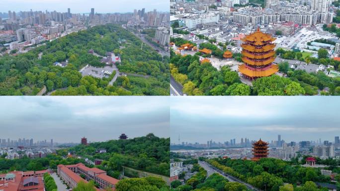 武汉黄鹤楼航拍湖北武昌区地标建筑城市风景