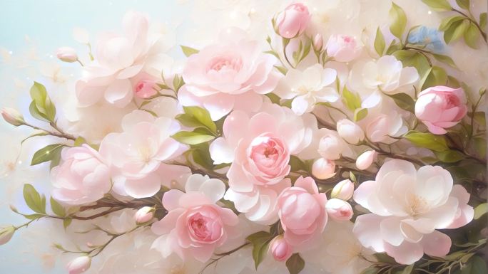 4K唯美梦幻油画手绘粉色玫瑰鲜花春天背景