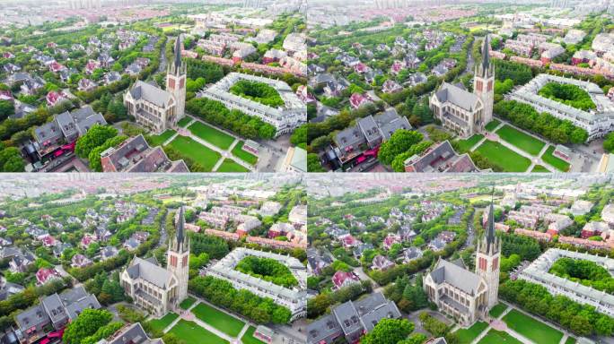 上海松江区泰晤士小镇天主教堂航拍长镜头
