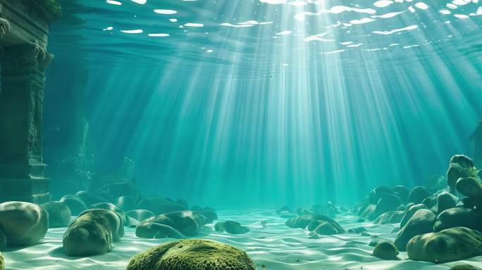 8K超宽屏海底光线插画水底世界舞台背景板