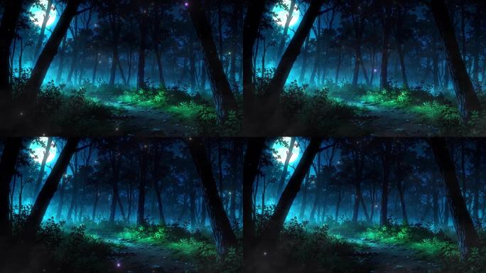 4K唯美梦幻卡通动漫森林树林小路夜晚背景