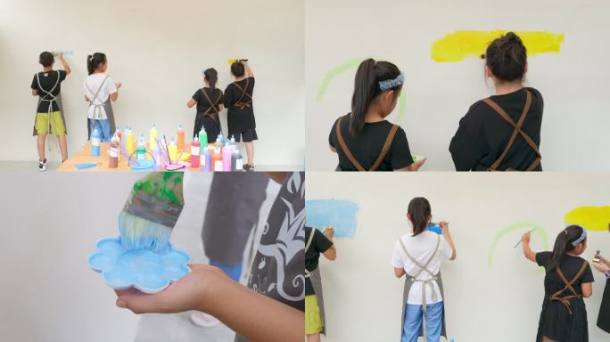 小朋友在墙上涂鸦画油画