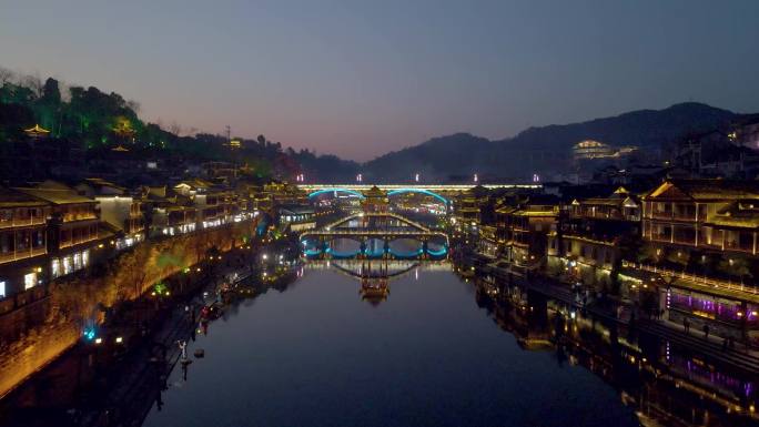 湖南省湘西凤凰古城夜景4K航拍素材