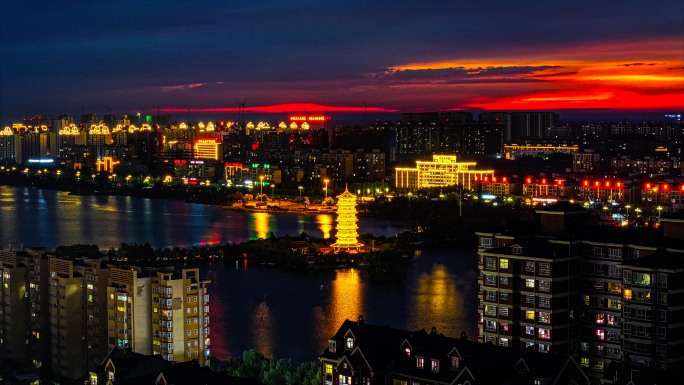 航拍柘城容湖夜景北瓷塔