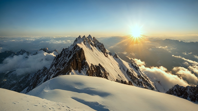 雪山丁达尔光冬天雪景震撼山顶风光