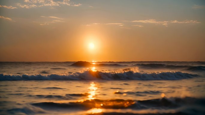 太阳从海平面升起 波光粼粼 海浪