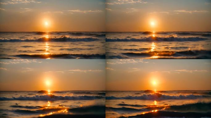 太阳从海平面升起 波光粼粼 海浪