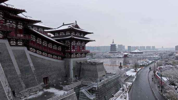 航拍洛阳应天门雪景