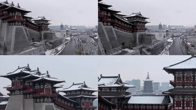 航拍洛阳应天门雪景