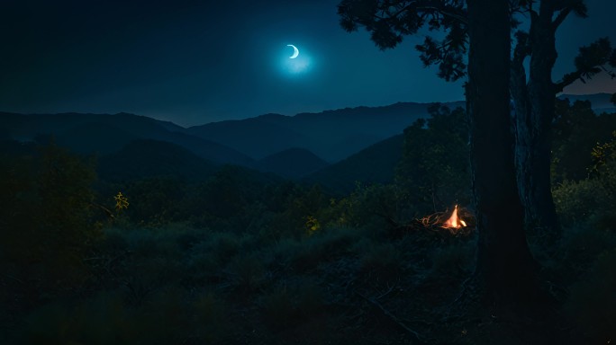 树木与月亮构成了夜晚的森林
