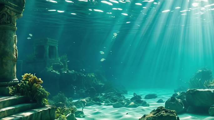 8K超宽屏海底光线插画水底世界舞台背景板