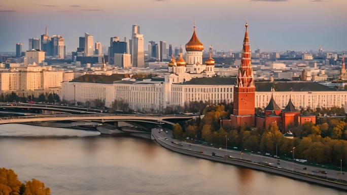 莫斯科河和现代区鸟瞰图