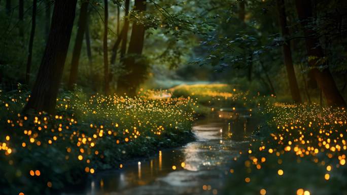 夏季树林里的萤火虫，梦幻童话森林