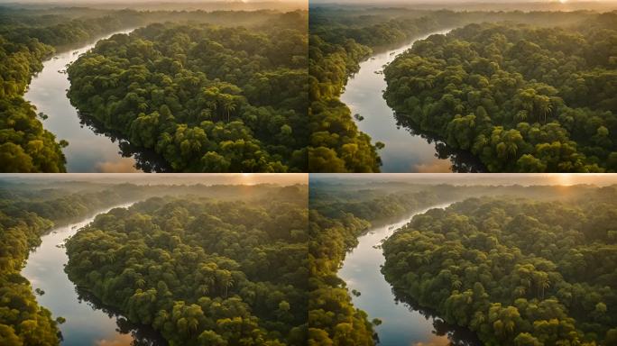 日出时亚马逊河丛林的美丽航拍图