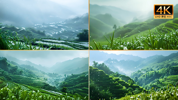 夏天雨中的梯田风光 云雾缭绕农业耕种胜景