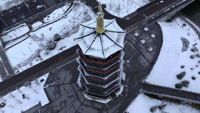 航拍洛阳朱樱塔雪景