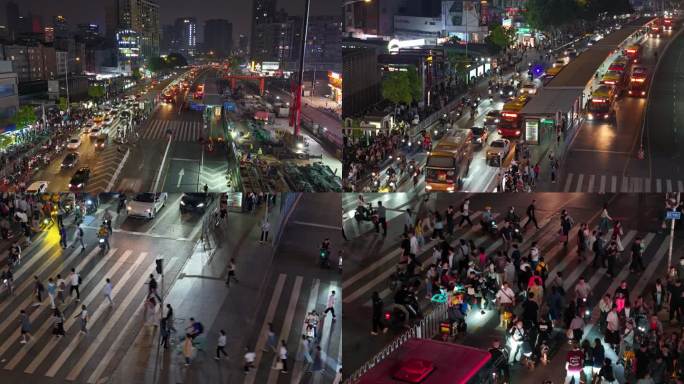 城市车流航拍延时交通夜景BRT车站人流