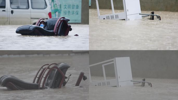 城市内涝洪水冲击椅子桌子