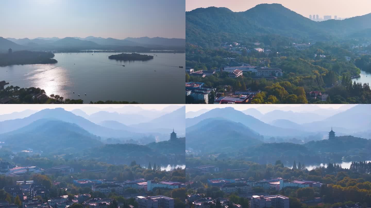 西湖雷峰塔景区大自然风光群山航拍杭州风景