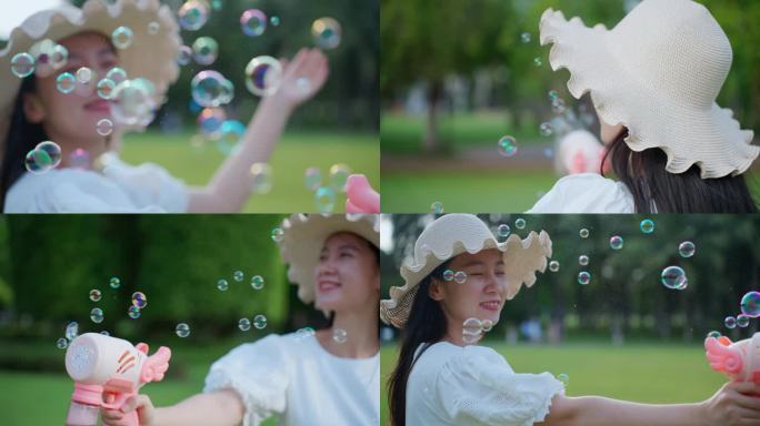4K泡泡吹泡泡的美女女孩玩泡泡机