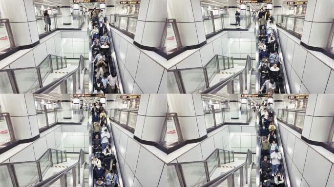 上海地铁乘客上下地铁扶梯人群长镜头