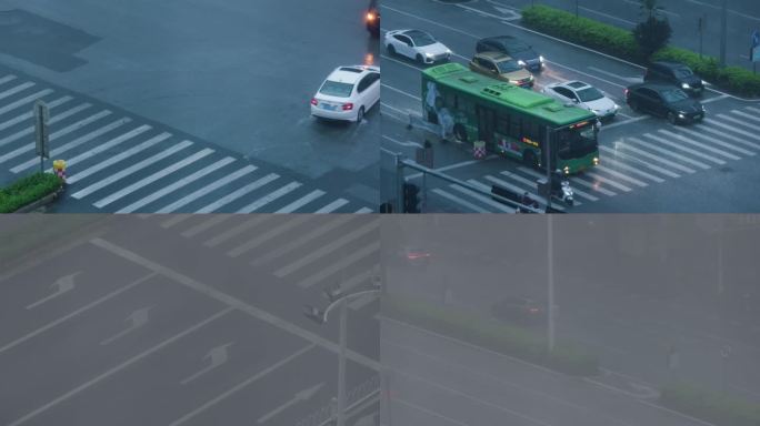 暴雨中各种车辆经过红绿灯