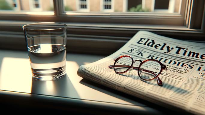 窗台水杯眼镜报纸老龄化社会4K