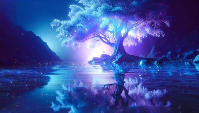 唯美大树紫色蓝色粒子梦幻光效氛围