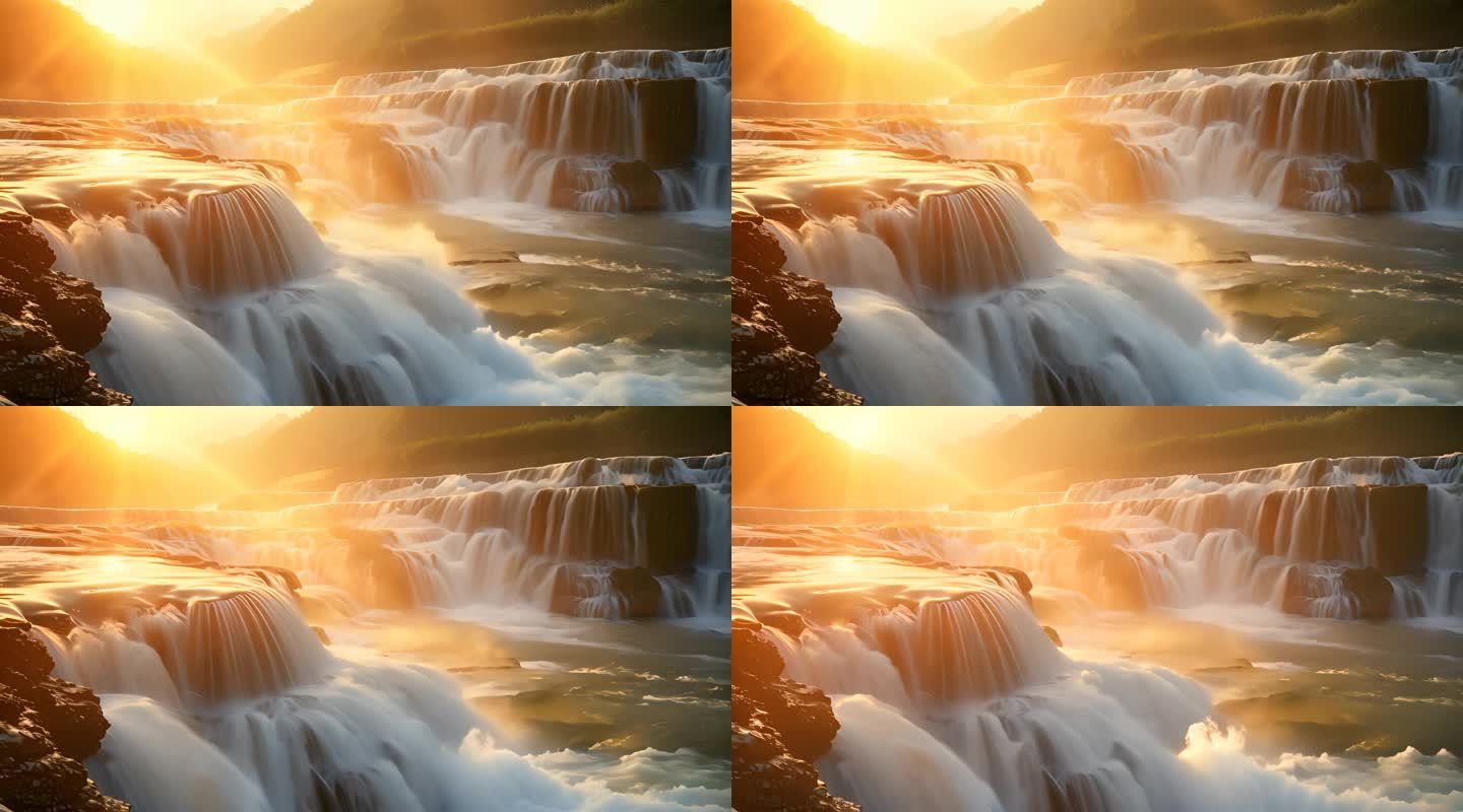 瀑布 流水 江河流水 夕阳 阳光流水