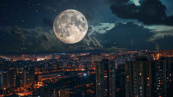 城市超大月亮，月球月黑风高，中秋月亮