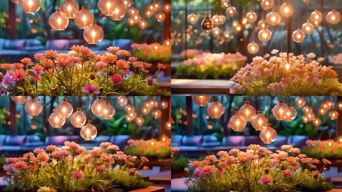 花园花灯夜晚浪漫鲜花绿植灯光装饰美丽氛围