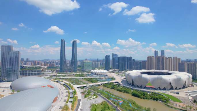 浙江杭州萧山区亚运会奥体中心航拍延时城市
