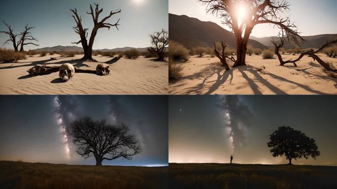 AI视频沙漠星空枯树死亡生态