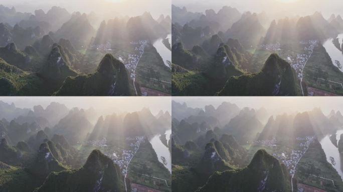 中国桂林山水喀斯特日出风光航拍