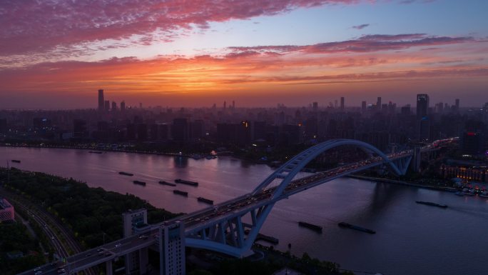 上海 卢浦大桥日落晚霞航拍延时火烧云