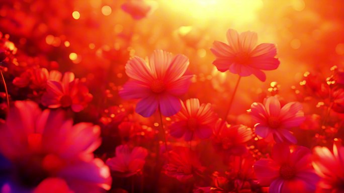 夕阳粉色花朵鲜艳花瓣层叠花丛光线生动花海