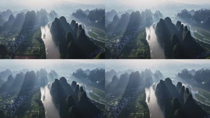 中国桂林山水喀斯特日出风光航拍