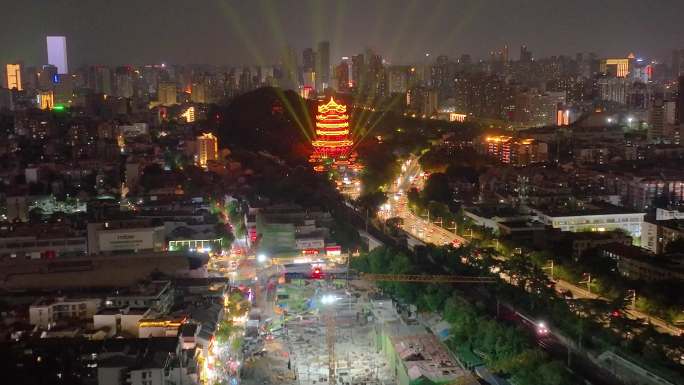 湖北黄鹤楼公园武汉长江大桥夜晚夜景航拍车