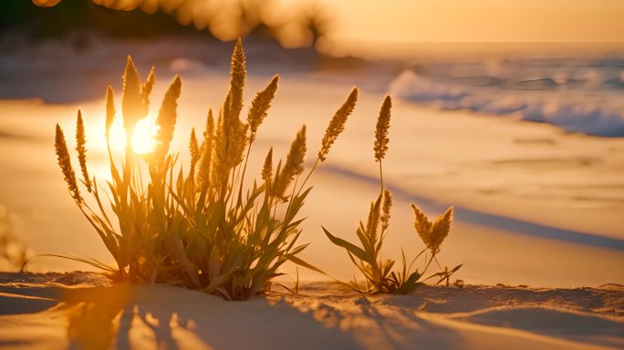 夕阳下海滩上的植物