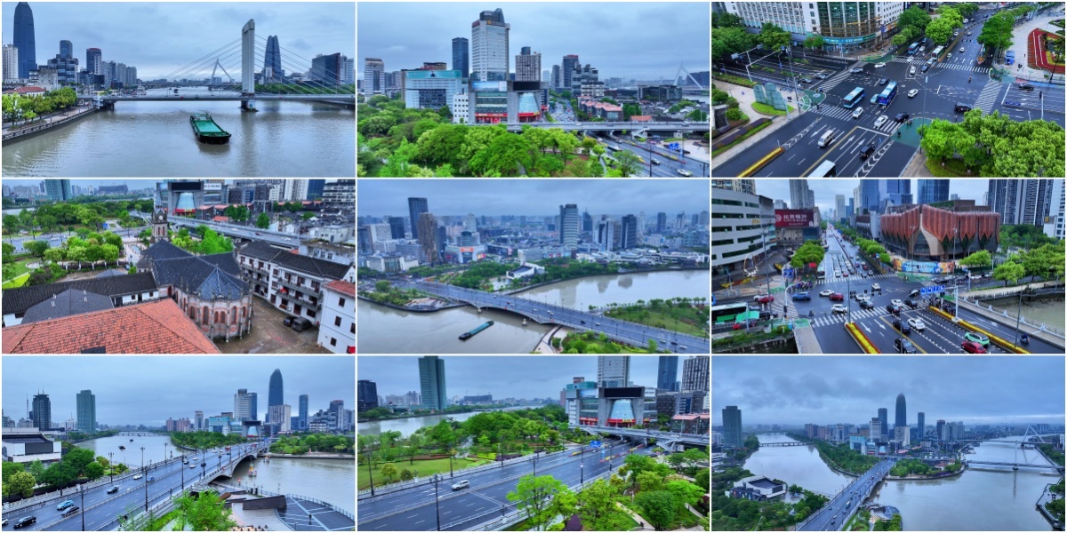 航拍宁波三江口.河流江景.外滩大桥.建筑