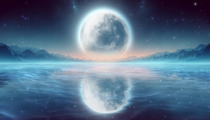 唯美月亮水面倒影粒子梦幻光效氛围