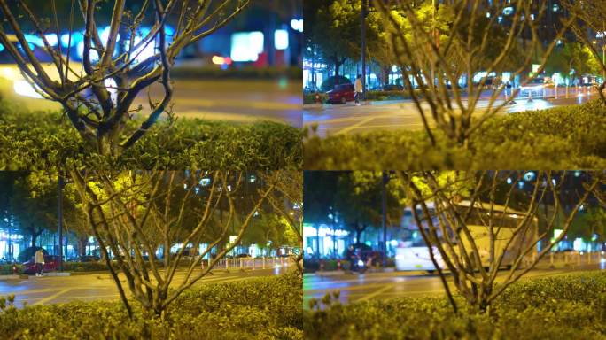 杭州城市夜晚街头汽车车流人流夜景光斑视频