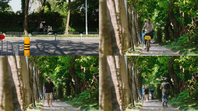 绿色城市和谐街道行人骑行滑板少年