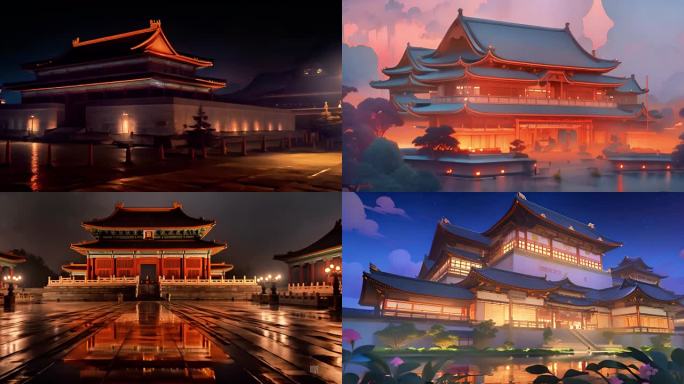 古建筑群宫殿灯光中国风传统建筑飞檐翘角