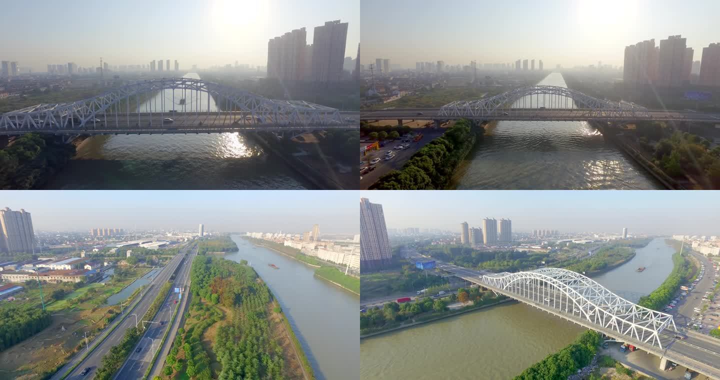 航拍常州京杭大运河 新龙大桥 运河 货船