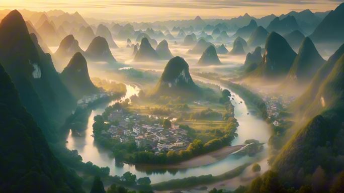 桂林山水喀斯特蜿蜒河流峰林景观自然风光2